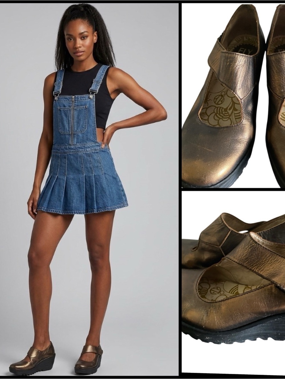 Fly London Yasi Leather Bronze Metallic Mary Jane Wedge Platform Y2K Shoes Sz 37